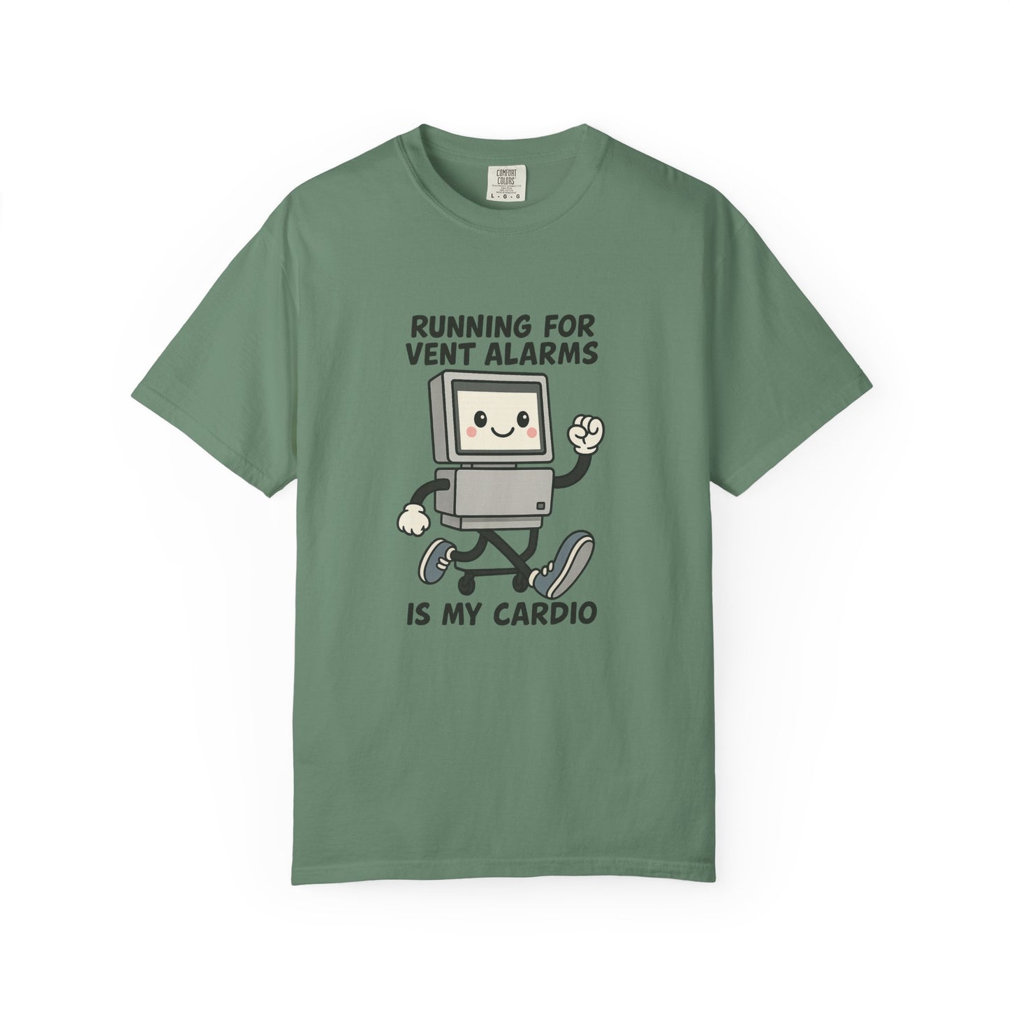 Funny Respiratory Graphic Tee: 'Running for Vent Alarms is My Cardio' T-shirt, Unisex Casual Wear, Gift for Programmers, Tech Workers, Humor Shirt