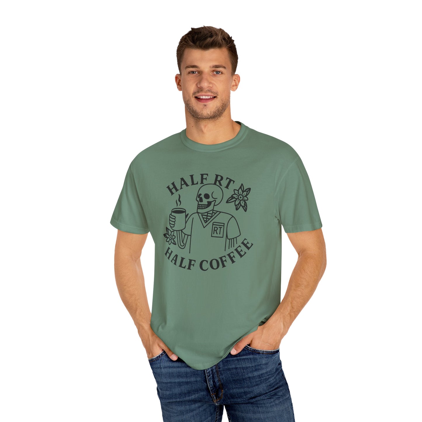 Half Coffee Half RT Respiratory Unisex Tee, Fun Coffee Lover Shirt, Casual Everyday Wear, Unique Gift for Friends, Quirky Graphic Tee