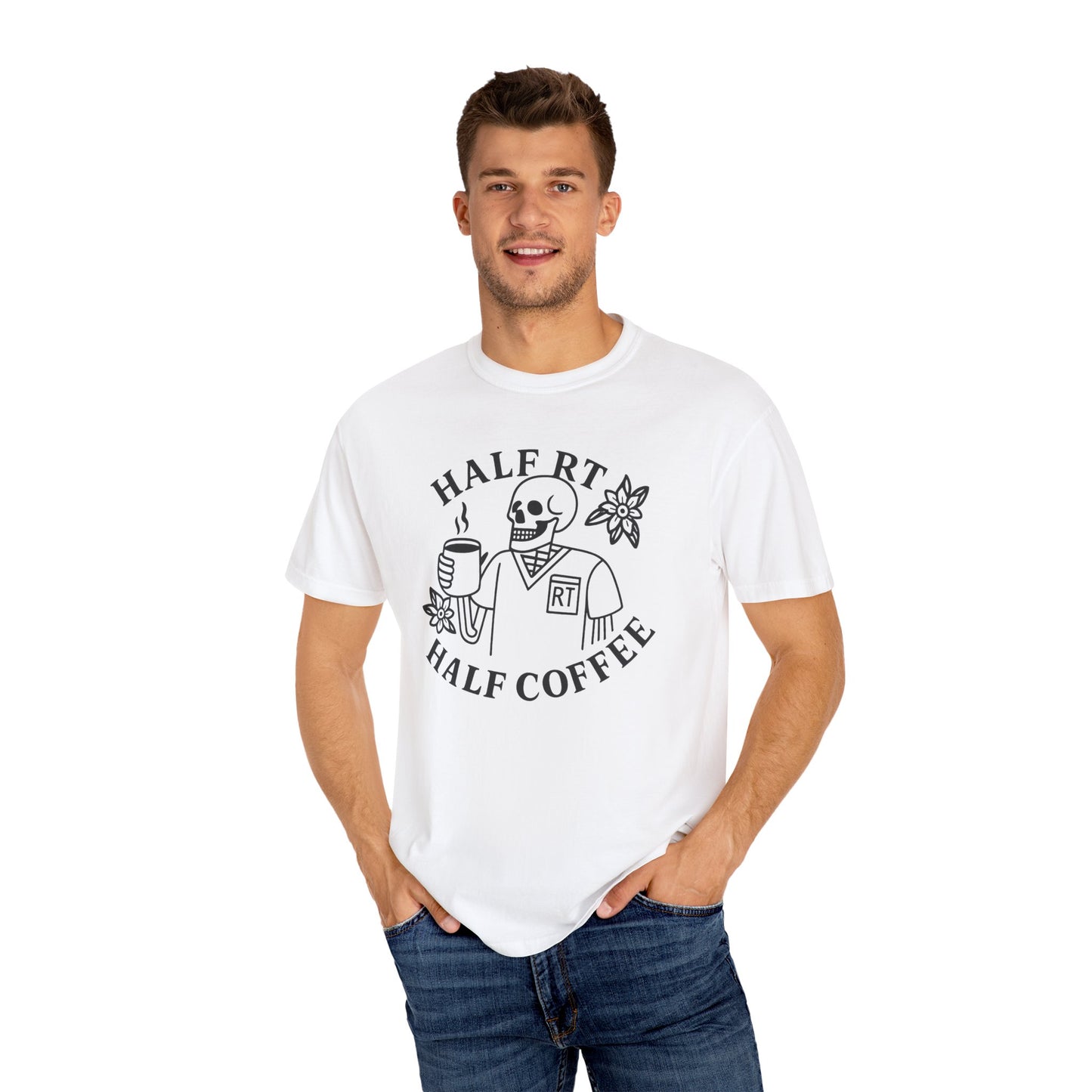 Half Coffee Half RT Respiratory Unisex Tee, Fun Coffee Lover Shirt, Casual Everyday Wear, Unique Gift for Friends, Quirky Graphic Tee