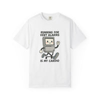 Funny Respiratory Graphic Tee: 'Running for Vent Alarms is My Cardio' T-shirt, Unisex Casual Wear, Gift for Programmers, Tech Workers, Humor Shirt