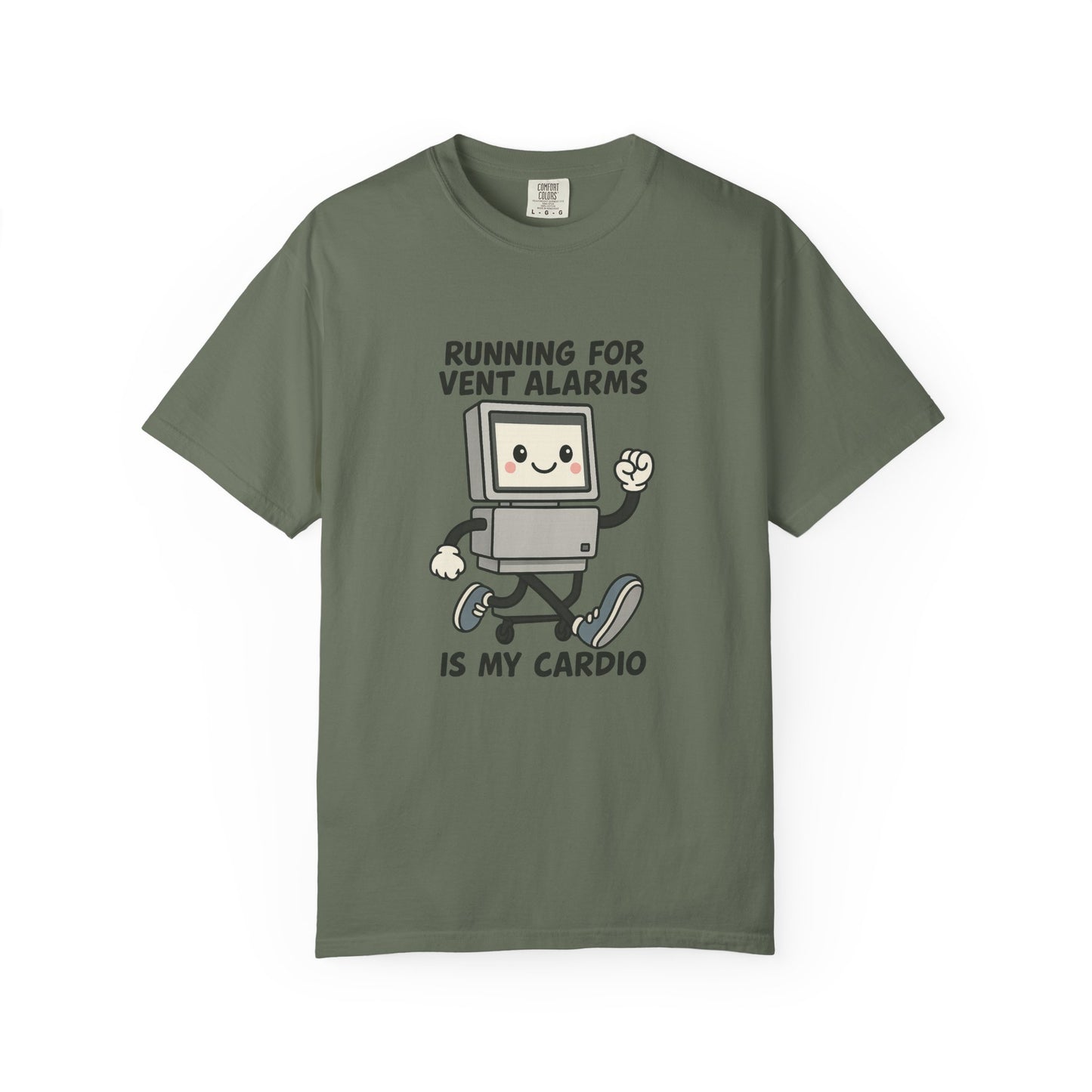 Funny Respiratory Graphic Tee: 'Running for Vent Alarms is My Cardio' T-shirt, Unisex Casual Wear, Gift for Programmers, Tech Workers, Humor Shirt