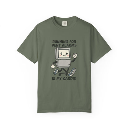 Funny Respiratory Graphic Tee: 'Running for Vent Alarms is My Cardio' T-shirt, Unisex Casual Wear, Gift for Programmers, Tech Workers, Humor Shirt