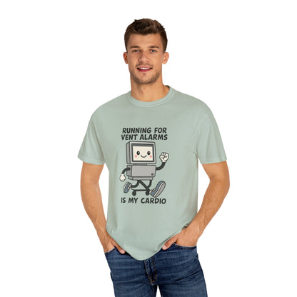 Funny Respiratory Graphic Tee: 'Running for Vent Alarms is My Cardio' T-shirt, Unisex Casual Wear, Gift for Programmers, Tech Workers, Humor Shirt