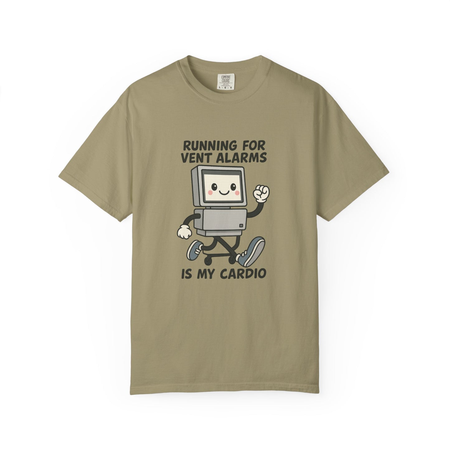Funny Respiratory Graphic Tee: 'Running for Vent Alarms is My Cardio' T-shirt, Unisex Casual Wear, Gift for Programmers, Tech Workers, Humor Shirt