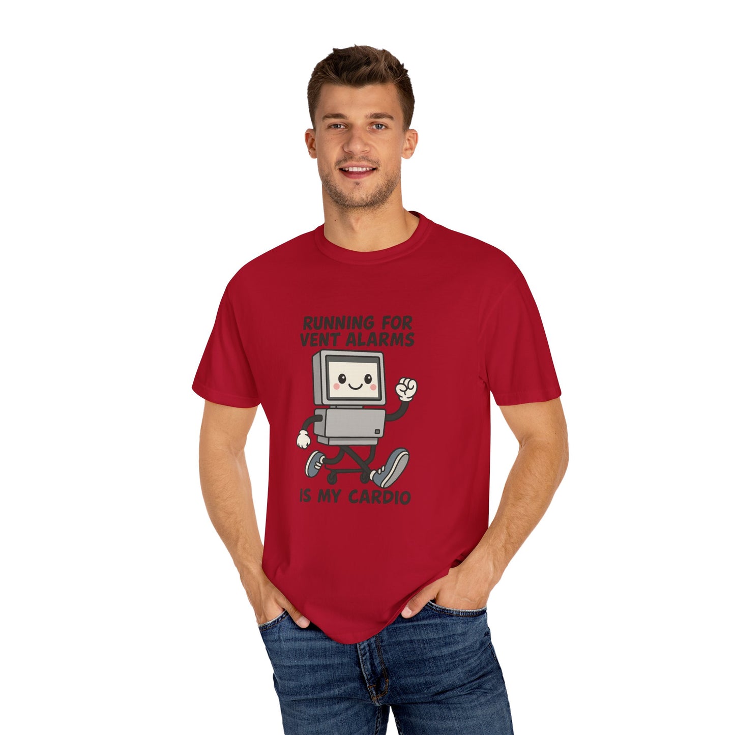 Funny Respiratory Graphic Tee: 'Running for Vent Alarms is My Cardio' T-shirt, Unisex Casual Wear, Gift for Programmers, Tech Workers, Humor Shirt