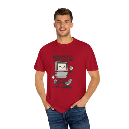 Funny Respiratory Graphic Tee: 'Running for Vent Alarms is My Cardio' T-shirt, Unisex Casual Wear, Gift for Programmers, Tech Workers, Humor Shirt