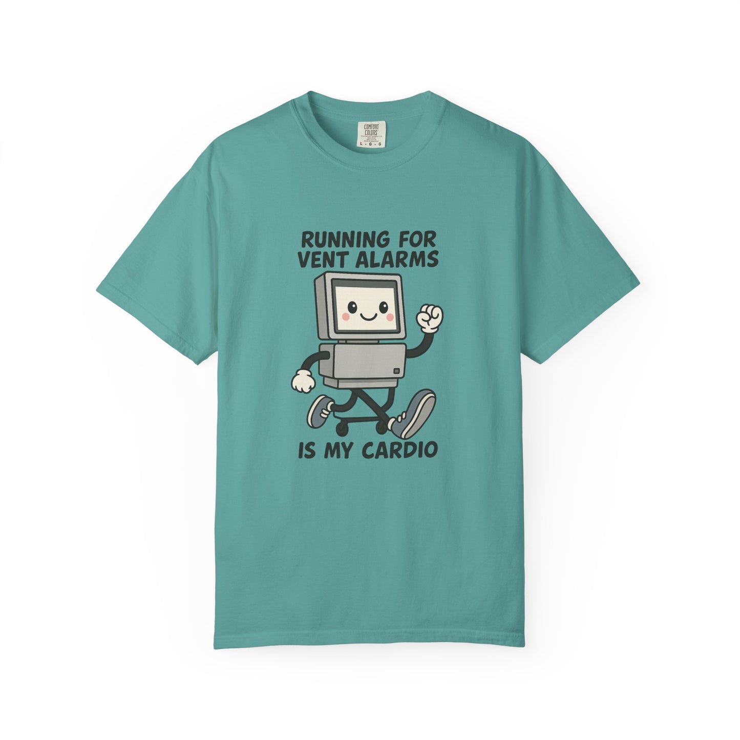 Funny Respiratory Graphic Tee: 'Running for Vent Alarms is My Cardio' T-shirt, Unisex Casual Wear, Gift for Programmers, Tech Workers, Humor Shirt