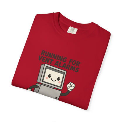 Funny Respiratory Graphic Tee: 'Running for Vent Alarms is My Cardio' T-shirt, Unisex Casual Wear, Gift for Programmers, Tech Workers, Humor Shirt