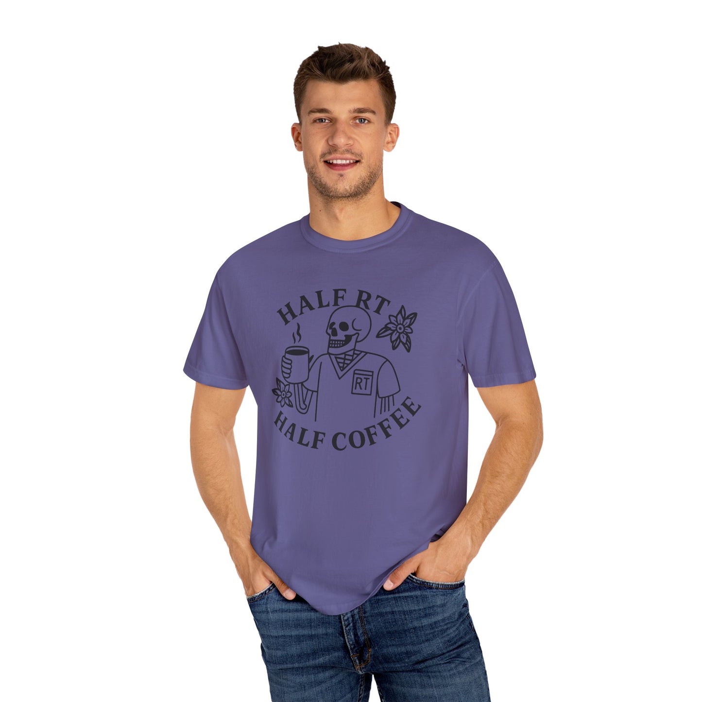 Half Coffee Half RT Respiratory Unisex Tee, Fun Coffee Lover Shirt, Casual Everyday Wear, Unique Gift for Friends, Quirky Graphic Tee
