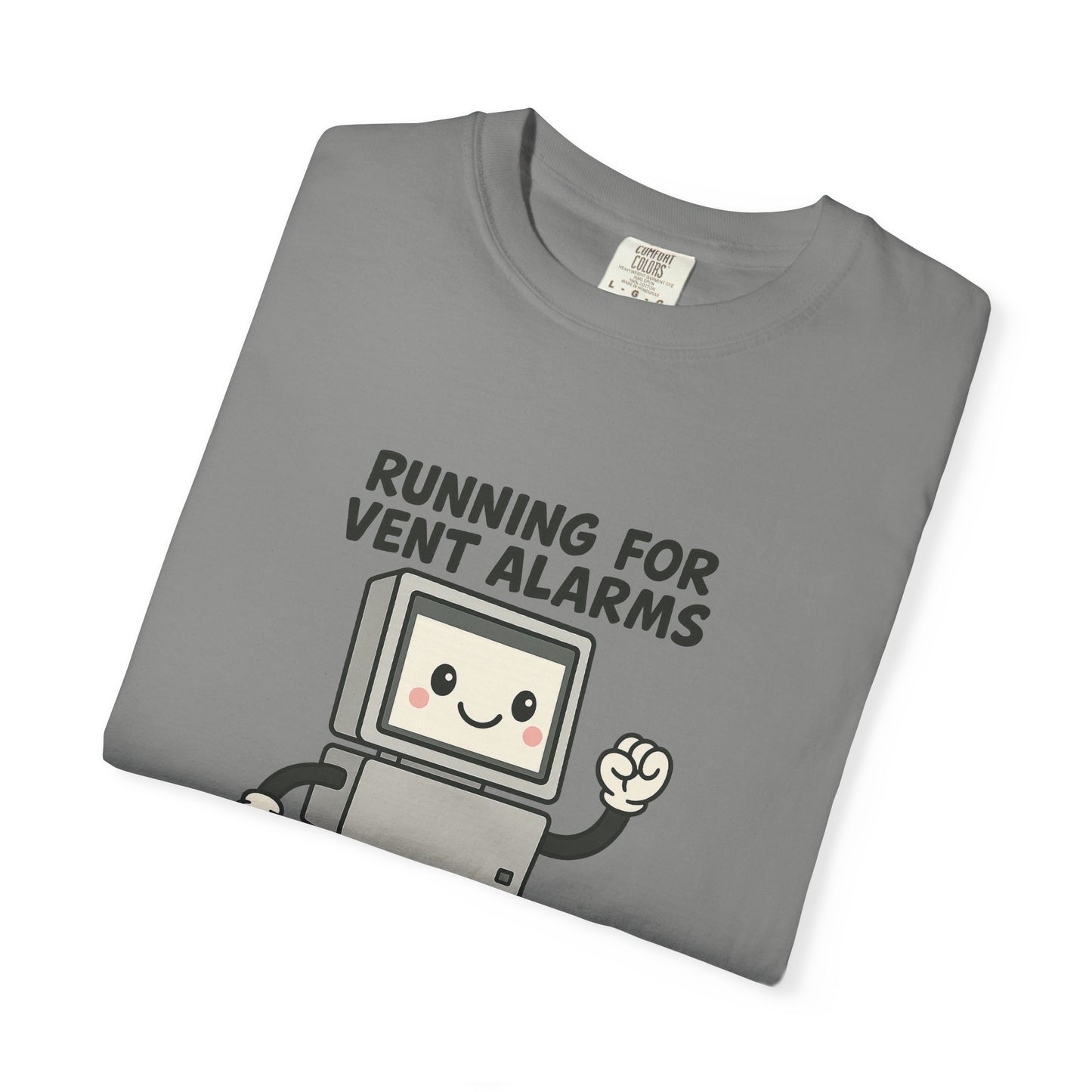 Funny Respiratory Graphic Tee: 'Running for Vent Alarms is My Cardio' T-shirt, Unisex Casual Wear, Gift for Programmers, Tech Workers, Humor Shirt
