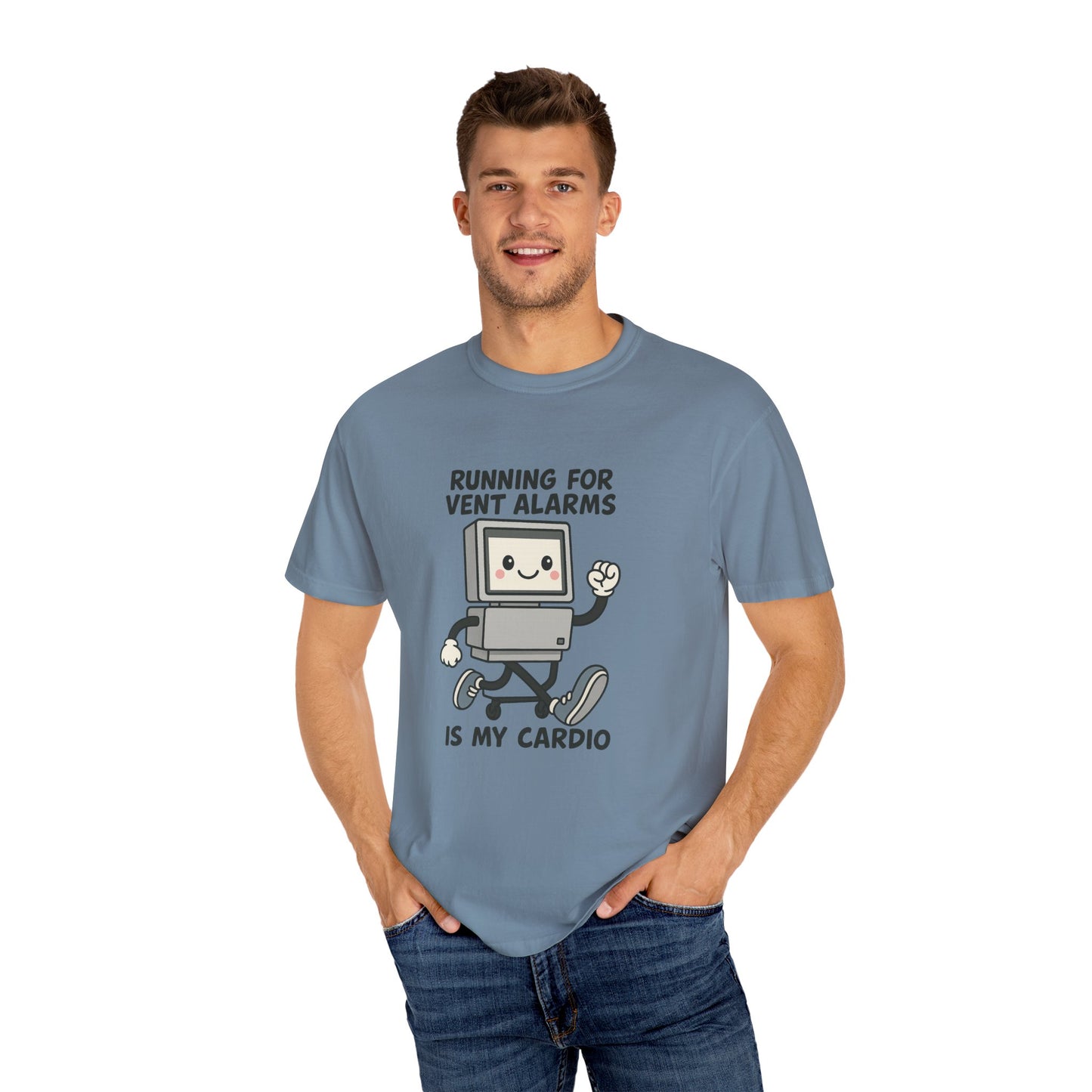 Funny Respiratory Graphic Tee: 'Running for Vent Alarms is My Cardio' T-shirt, Unisex Casual Wear, Gift for Programmers, Tech Workers, Humor Shirt