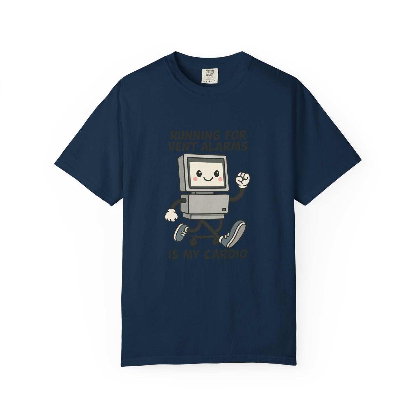 Funny Respiratory Graphic Tee: 'Running for Vent Alarms is My Cardio' T-shirt, Unisex Casual Wear, Gift for Programmers, Tech Workers, Humor Shirt