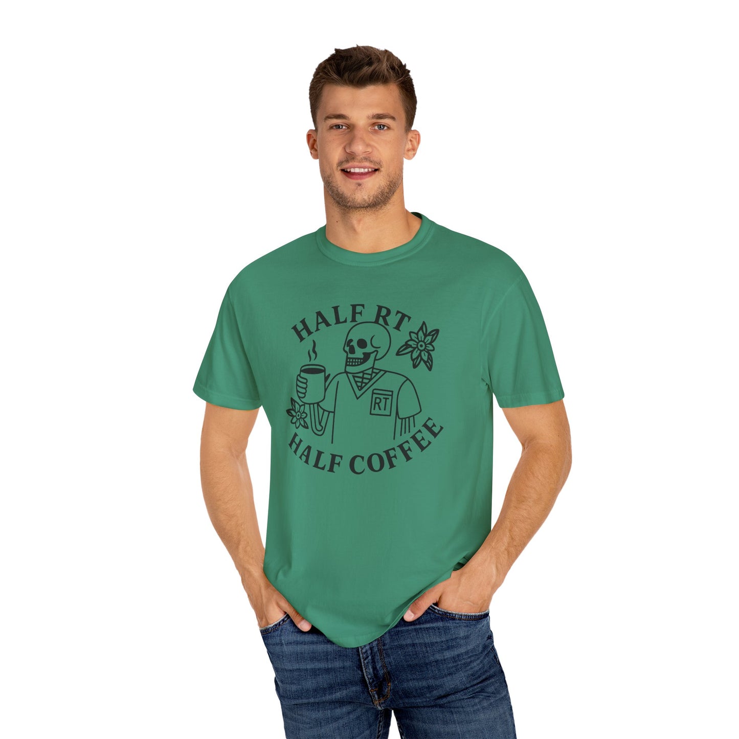 Half Coffee Half RT Respiratory Unisex Tee, Fun Coffee Lover Shirt, Casual Everyday Wear, Unique Gift for Friends, Quirky Graphic Tee