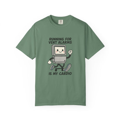 Funny Respiratory Graphic Tee: 'Running for Vent Alarms is My Cardio' T-shirt, Unisex Casual Wear, Gift for Programmers, Tech Workers, Humor Shirt