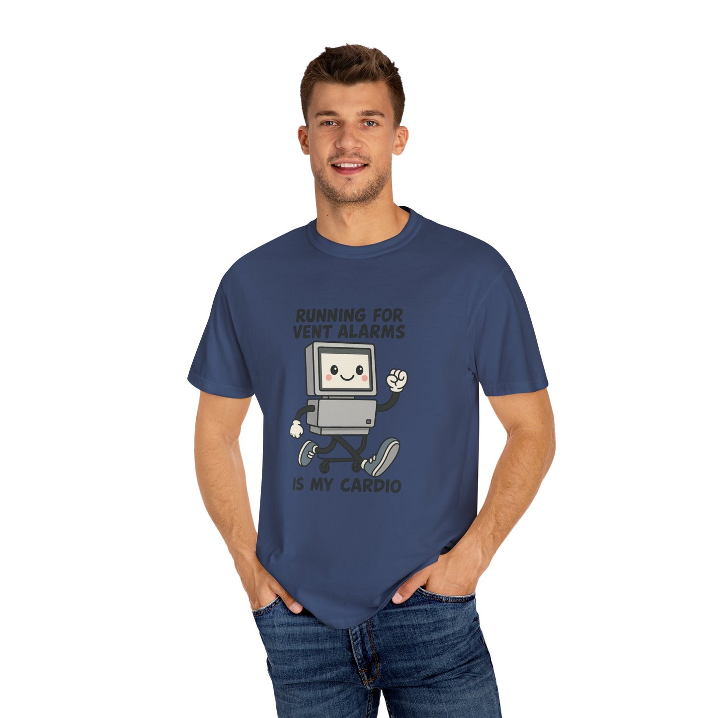 Funny Respiratory Graphic Tee: 'Running for Vent Alarms is My Cardio' T-shirt, Unisex Casual Wear, Gift for Programmers, Tech Workers, Humor Shirt