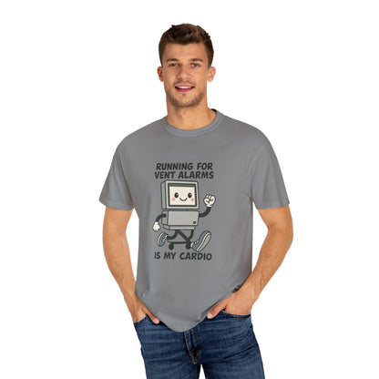 Funny Respiratory Graphic Tee: 'Running for Vent Alarms is My Cardio' T-shirt, Unisex Casual Wear, Gift for Programmers, Tech Workers, Humor Shirt