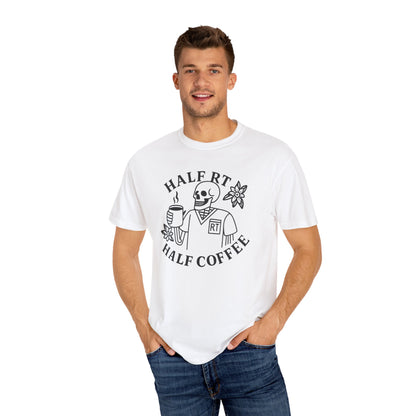 Half Coffee Half RT Respiratory Unisex Tee, Fun Coffee Lover Shirt, Casual Everyday Wear, Unique Gift for Friends, Quirky Graphic Tee