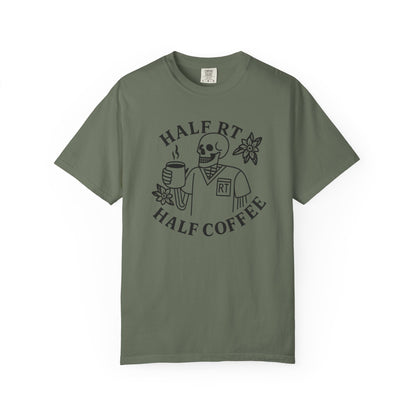 Half Coffee Half RT Respiratory Unisex Tee, Fun Coffee Lover Shirt, Casual Everyday Wear, Unique Gift for Friends, Quirky Graphic Tee