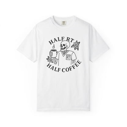 Half Coffee Half RT Respiratory Unisex Tee, Fun Coffee Lover Shirt, Casual Everyday Wear, Unique Gift for Friends, Quirky Graphic Tee