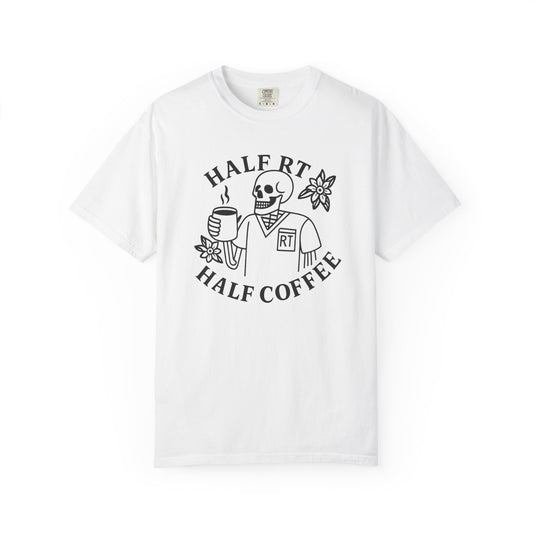 Half Coffee Half RT Respiratory Unisex Tee, Fun Coffee Lover Shirt, Casual Everyday Wear, Unique Gift for Friends, Quirky Graphic Tee