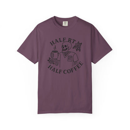 Half Coffee Half RT Respiratory Unisex Tee, Fun Coffee Lover Shirt, Casual Everyday Wear, Unique Gift for Friends, Quirky Graphic Tee