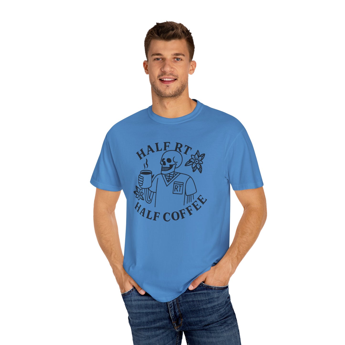 Half Coffee Half RT Respiratory Unisex Tee, Fun Coffee Lover Shirt, Casual Everyday Wear, Unique Gift for Friends, Quirky Graphic Tee