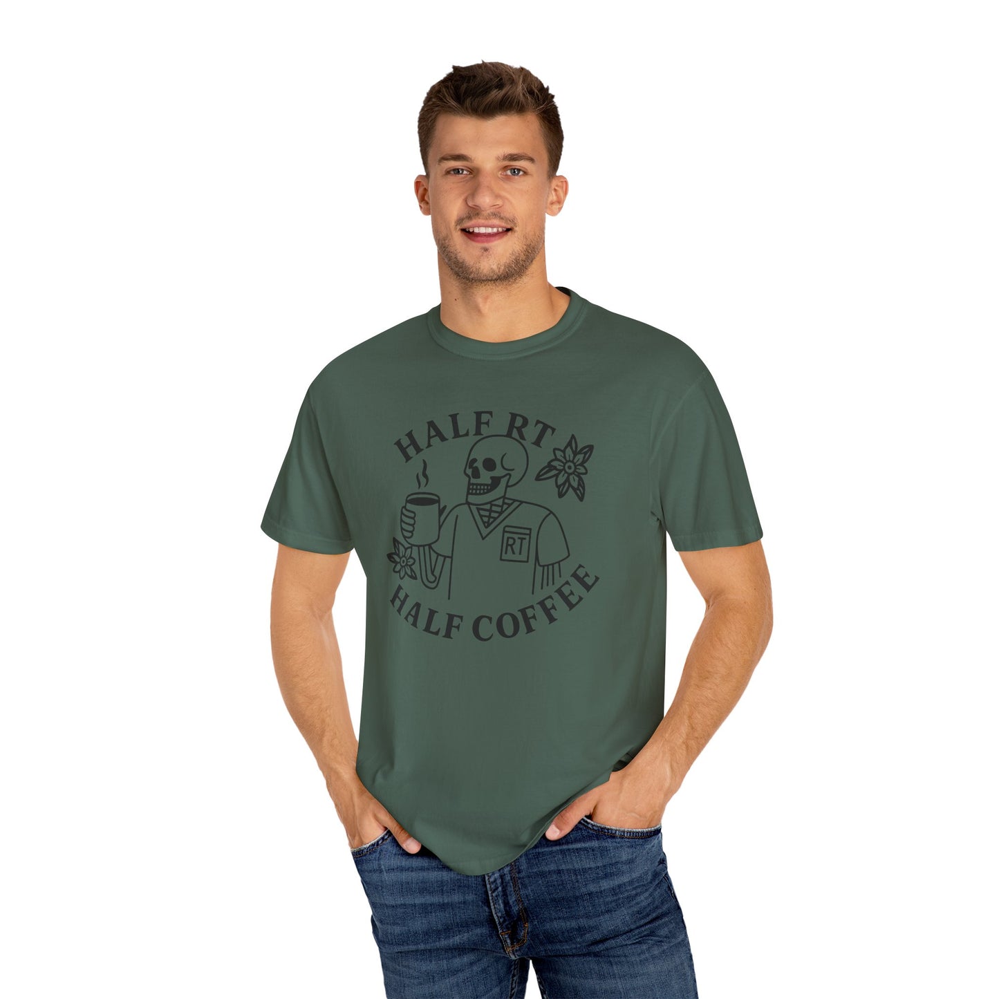 Half Coffee Half RT Respiratory Unisex Tee, Fun Coffee Lover Shirt, Casual Everyday Wear, Unique Gift for Friends, Quirky Graphic Tee