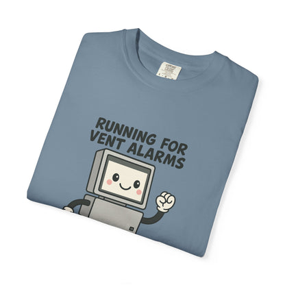 Funny Respiratory Graphic Tee: 'Running for Vent Alarms is My Cardio' T-shirt, Unisex Casual Wear, Gift for Programmers, Tech Workers, Humor Shirt
