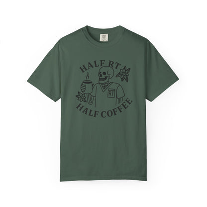 Half Coffee Half RT Respiratory Unisex Tee, Fun Coffee Lover Shirt, Casual Everyday Wear, Unique Gift for Friends, Quirky Graphic Tee