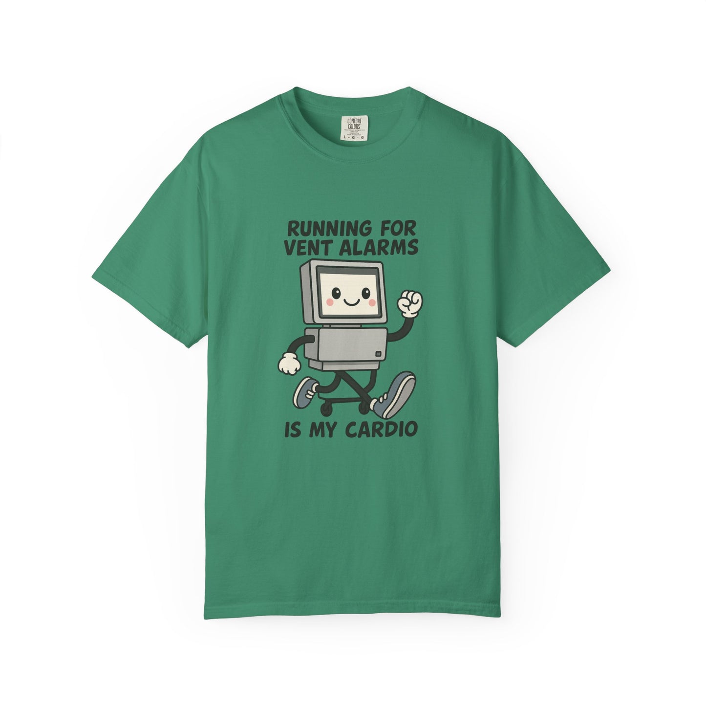 Funny Respiratory Graphic Tee: 'Running for Vent Alarms is My Cardio' T-shirt, Unisex Casual Wear, Gift for Programmers, Tech Workers, Humor Shirt
