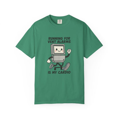Funny Respiratory Graphic Tee: 'Running for Vent Alarms is My Cardio' T-shirt, Unisex Casual Wear, Gift for Programmers, Tech Workers, Humor Shirt