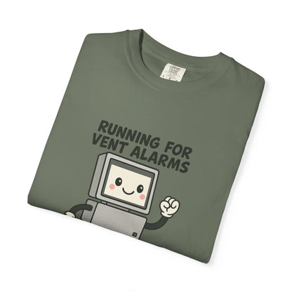 Funny Respiratory Graphic Tee: 'Running for Vent Alarms is My Cardio' T-shirt, Unisex Casual Wear, Gift for Programmers, Tech Workers, Humor Shirt