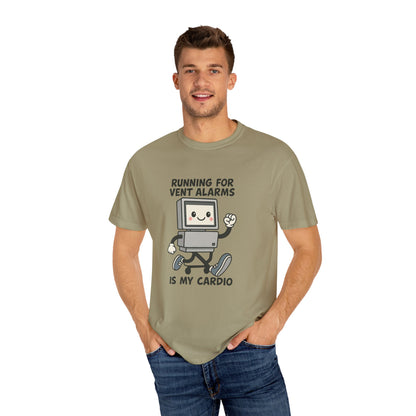 Funny Respiratory Graphic Tee: 'Running for Vent Alarms is My Cardio' T-shirt, Unisex Casual Wear, Gift for Programmers, Tech Workers, Humor Shirt