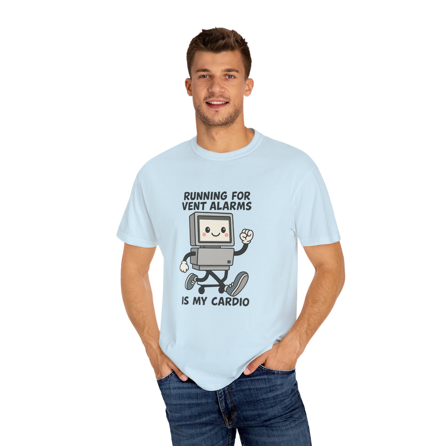 Funny Respiratory Graphic Tee: 'Running for Vent Alarms is My Cardio' T-shirt, Unisex Casual Wear, Gift for Programmers, Tech Workers, Humor Shirt