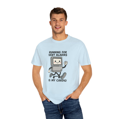 Funny Respiratory Graphic Tee: 'Running for Vent Alarms is My Cardio' T-shirt, Unisex Casual Wear, Gift for Programmers, Tech Workers, Humor Shirt