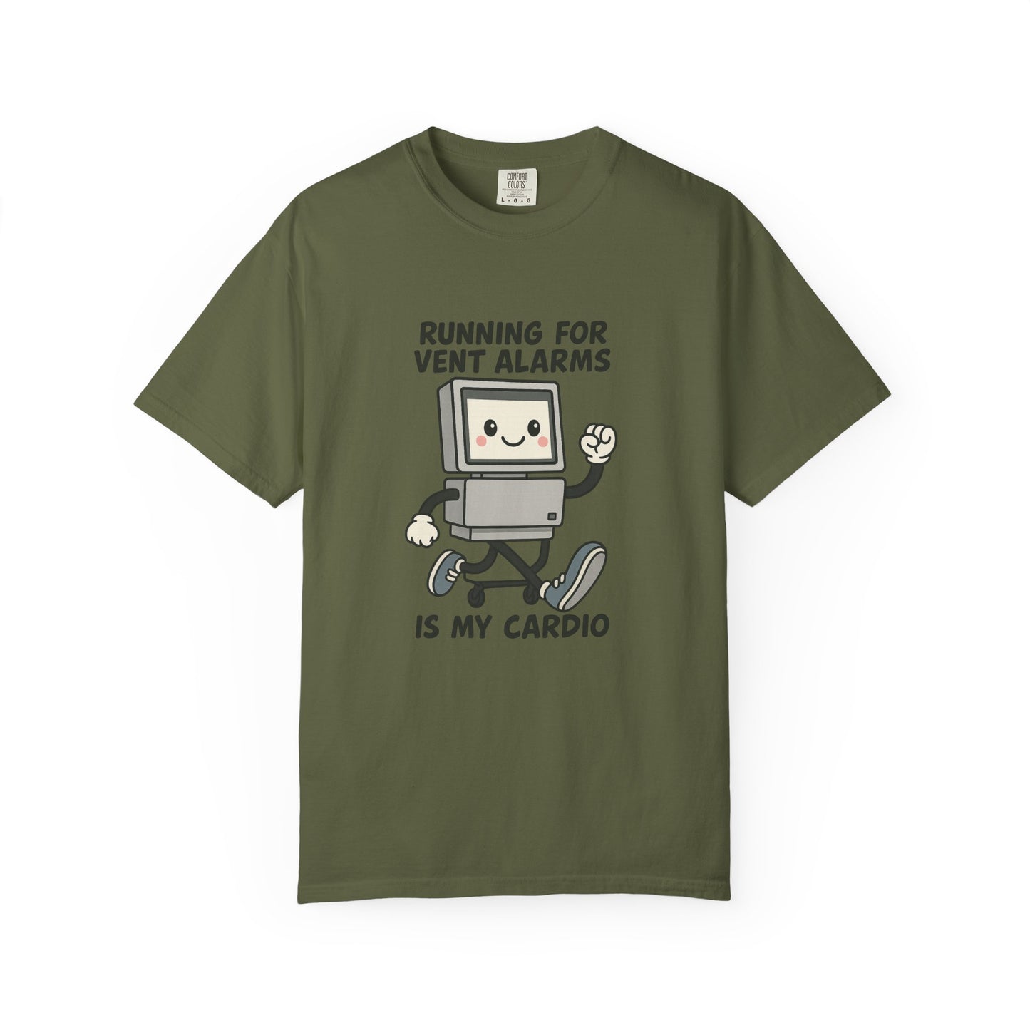 Funny Respiratory Graphic Tee: 'Running for Vent Alarms is My Cardio' T-shirt, Unisex Casual Wear, Gift for Programmers, Tech Workers, Humor Shirt