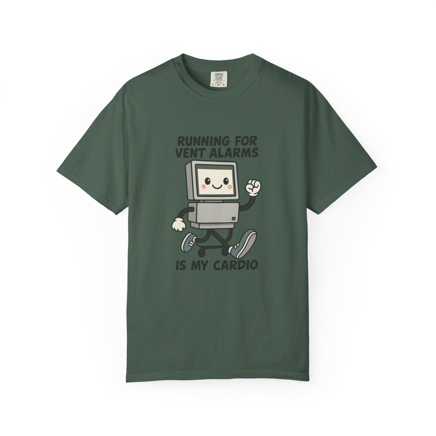 Funny Respiratory Graphic Tee: 'Running for Vent Alarms is My Cardio' T-shirt, Unisex Casual Wear, Gift for Programmers, Tech Workers, Humor Shirt