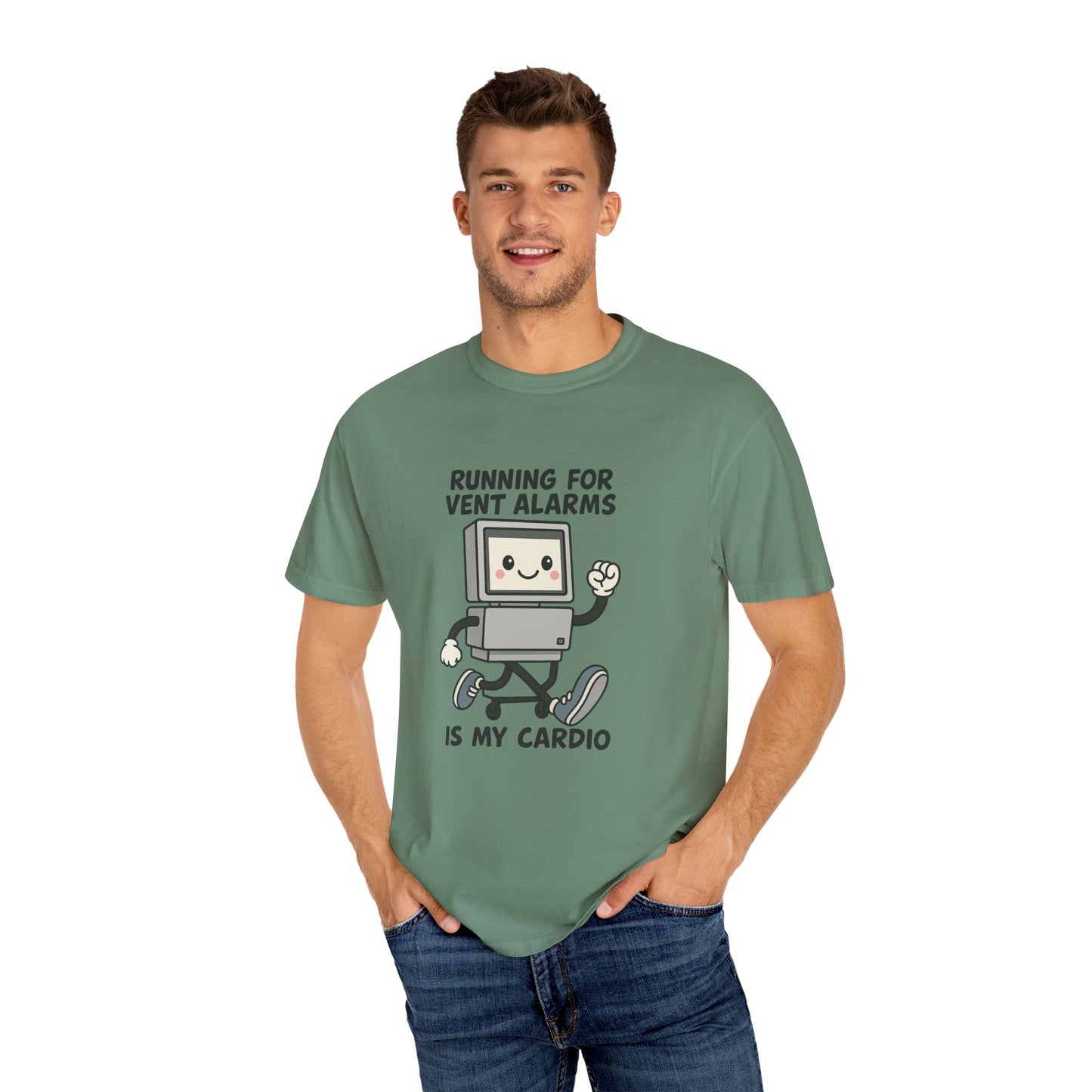 Funny Respiratory Graphic Tee: 'Running for Vent Alarms is My Cardio' T-shirt, Unisex Casual Wear, Gift for Programmers, Tech Workers, Humor Shirt