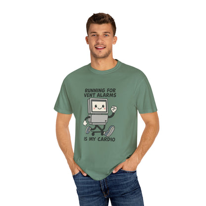 Funny Respiratory Graphic Tee: 'Running for Vent Alarms is My Cardio' T-shirt, Unisex Casual Wear, Gift for Programmers, Tech Workers, Humor Shirt