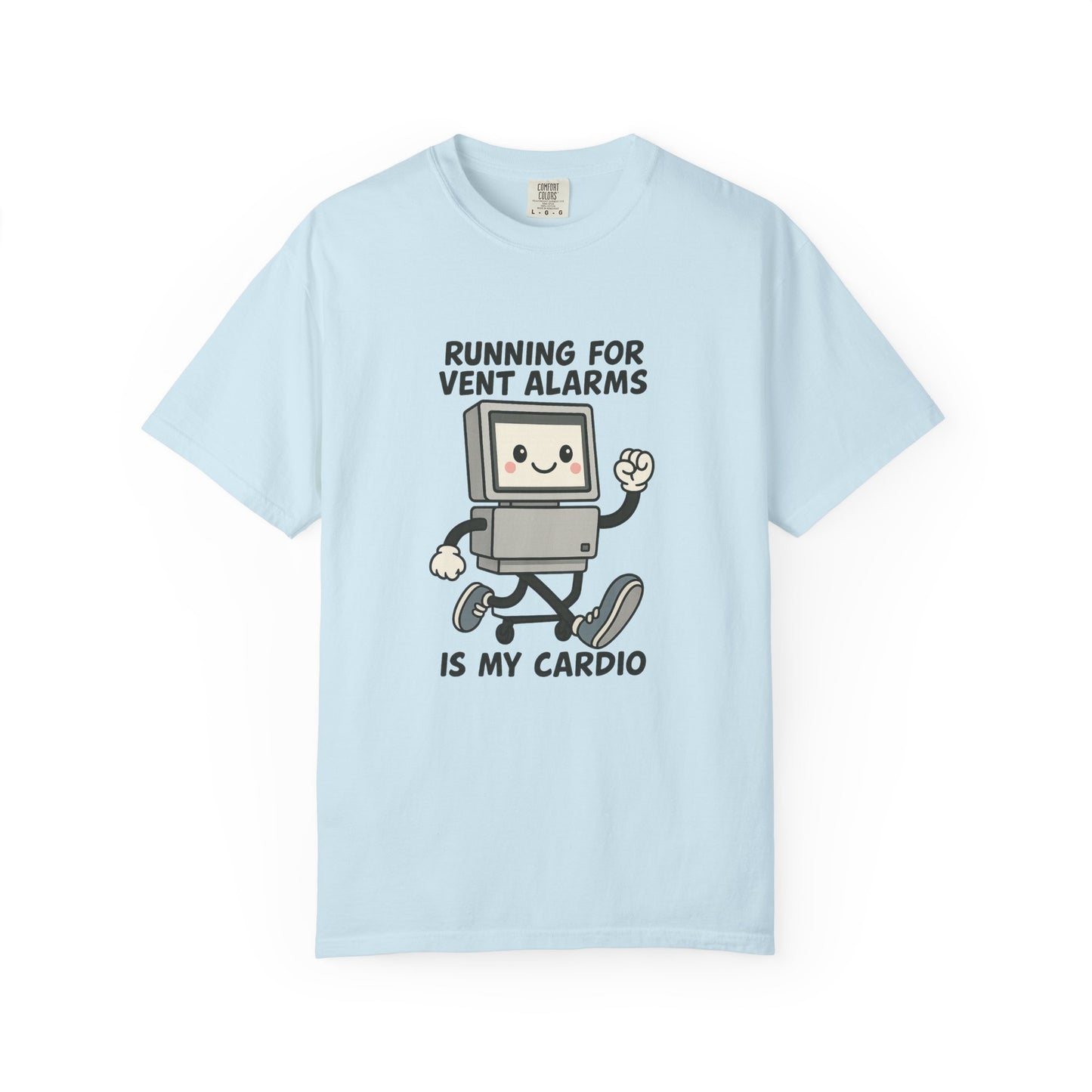 Funny Respiratory Graphic Tee: 'Running for Vent Alarms is My Cardio' T-shirt, Unisex Casual Wear, Gift for Programmers, Tech Workers, Humor Shirt