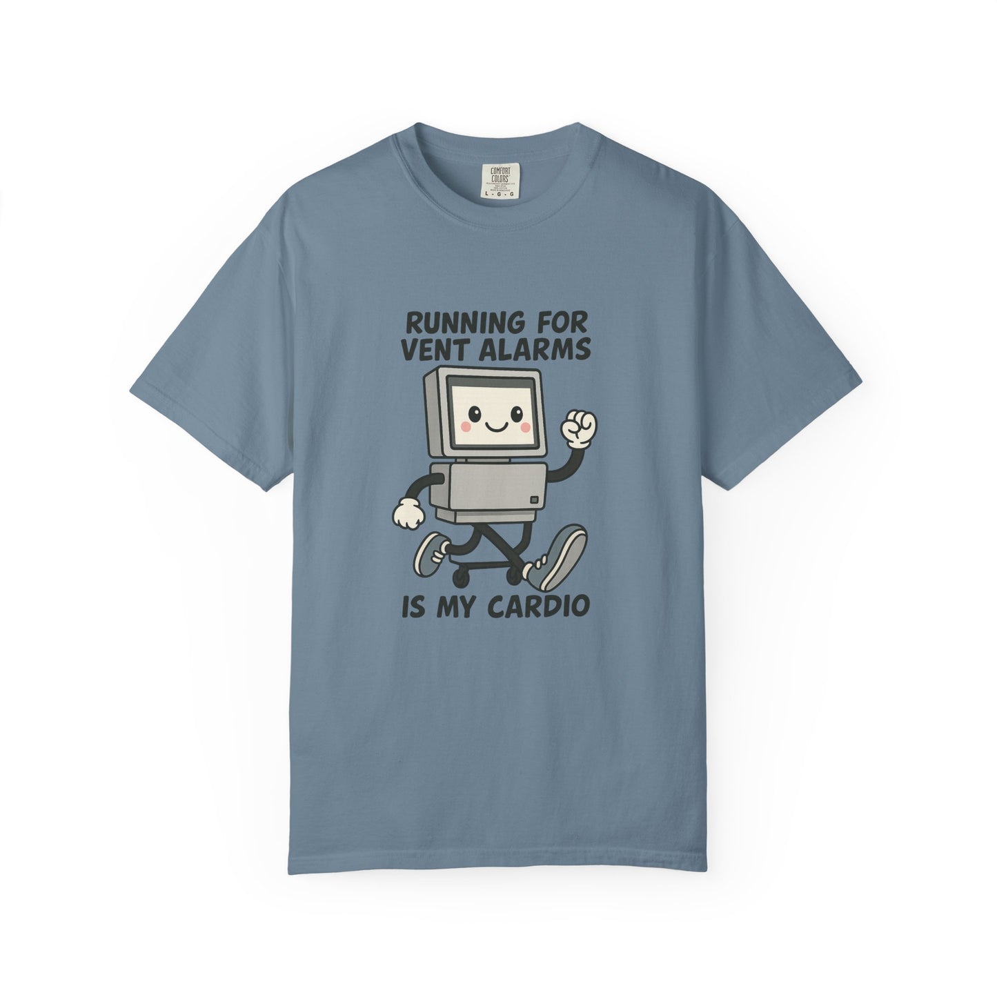 Funny Respiratory Graphic Tee: 'Running for Vent Alarms is My Cardio' T-shirt, Unisex Casual Wear, Gift for Programmers, Tech Workers, Humor Shirt