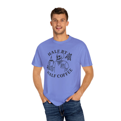 Half Coffee Half RT Respiratory Unisex Tee, Fun Coffee Lover Shirt, Casual Everyday Wear, Unique Gift for Friends, Quirky Graphic Tee