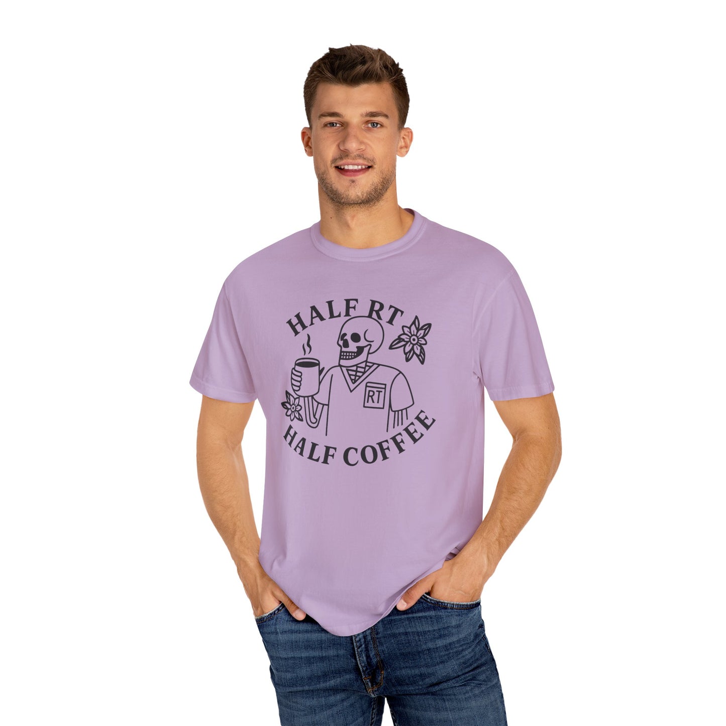 Half Coffee Half RT Respiratory Unisex Tee, Fun Coffee Lover Shirt, Casual Everyday Wear, Unique Gift for Friends, Quirky Graphic Tee