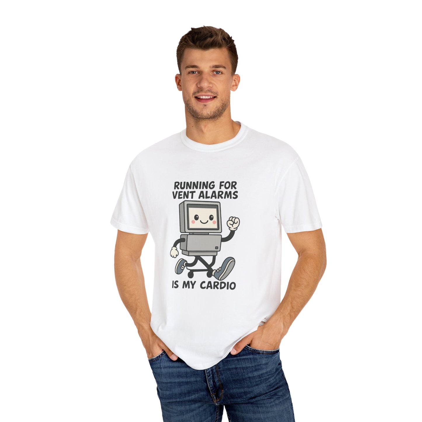 Funny Respiratory Graphic Tee: 'Running for Vent Alarms is My Cardio' T-shirt, Unisex Casual Wear, Gift for Programmers, Tech Workers, Humor Shirt