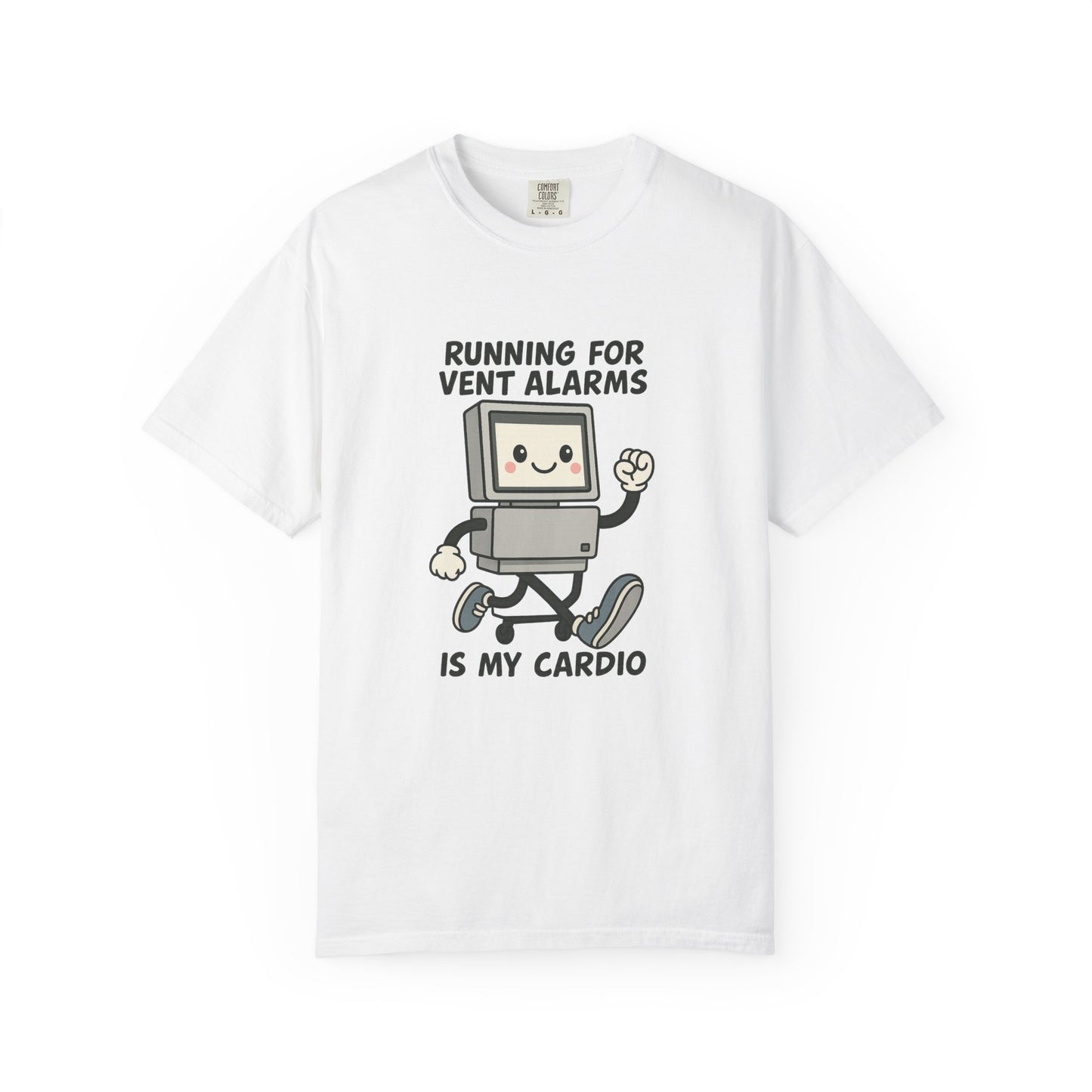 Funny Respiratory Graphic Tee: 'Running for Vent Alarms is My Cardio' T-shirt, Unisex Casual Wear, Gift for Programmers, Tech Workers, Humor Shirt