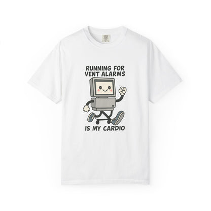 Funny Respiratory Graphic Tee: 'Running for Vent Alarms is My Cardio' T-shirt, Unisex Casual Wear, Gift for Programmers, Tech Workers, Humor Shirt