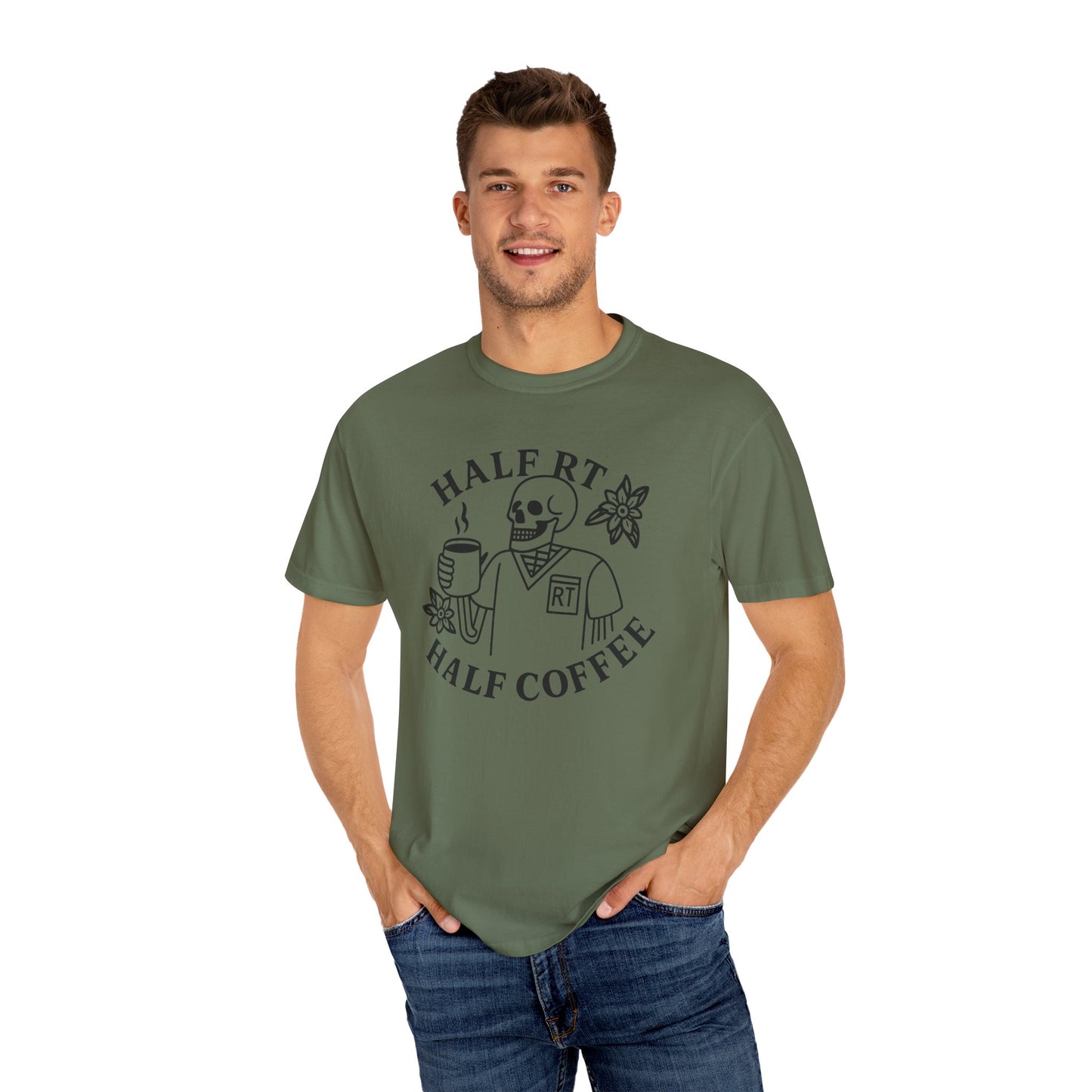 Half Coffee Half RT Respiratory Unisex Tee, Fun Coffee Lover Shirt, Casual Everyday Wear, Unique Gift for Friends, Quirky Graphic Tee