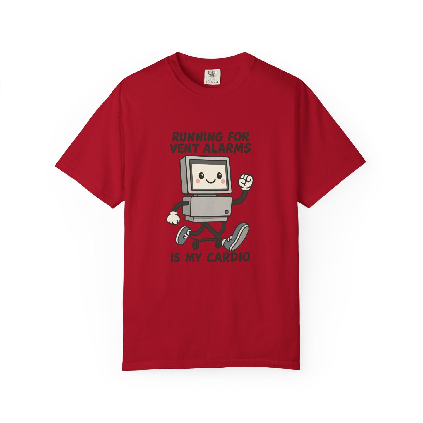 Funny Respiratory Graphic Tee: 'Running for Vent Alarms is My Cardio' T-shirt, Unisex Casual Wear, Gift for Programmers, Tech Workers, Humor Shirt
