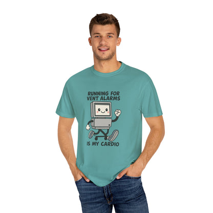 Funny Respiratory Graphic Tee: 'Running for Vent Alarms is My Cardio' T-shirt, Unisex Casual Wear, Gift for Programmers, Tech Workers, Humor Shirt