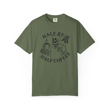 Half Coffee Half RT Respiratory Unisex Tee, Fun Coffee Lover Shirt, Casual Everyday Wear, Unique Gift for Friends, Quirky Graphic Tee